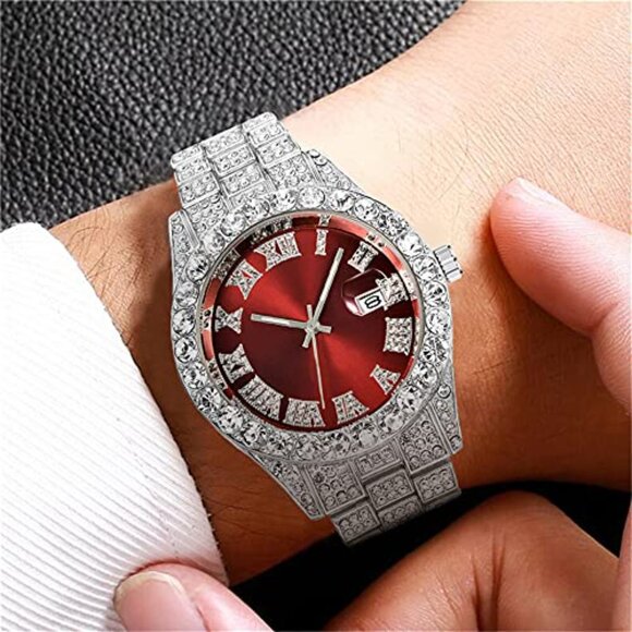 Men's Diamond Watch Crystal Rhinestone Quartz Analog Iced-Out Bracelet Wrist - Picture 4 of 7